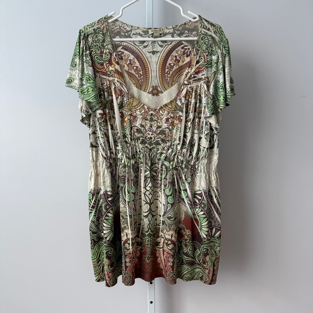 Y2K One World 2X Green Top Studded Flutter Sleeve Forrest fairy Babydoll 90s